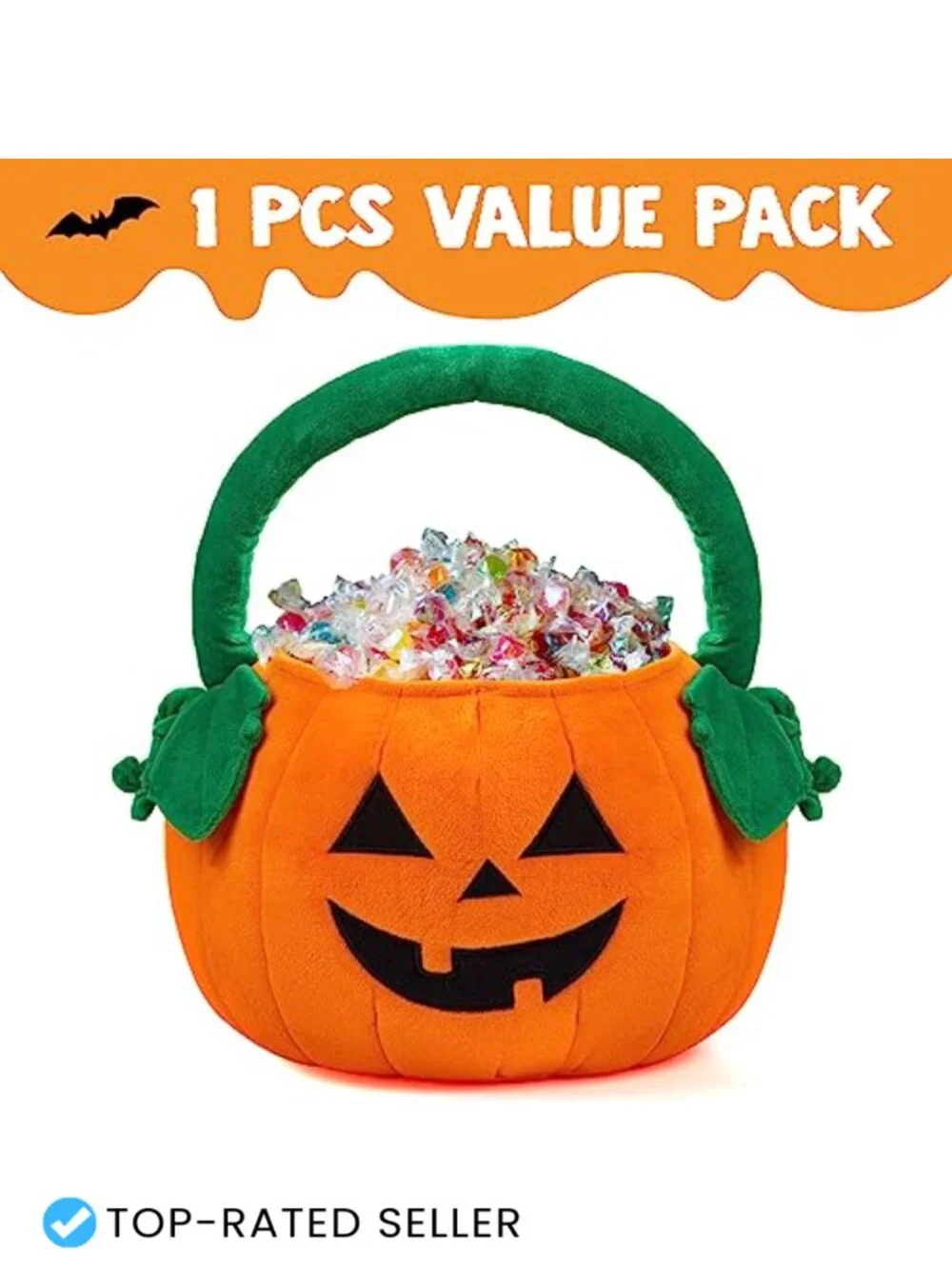 Plush Halloween Pumpkin Tote Bucket, Trick or Treat Candy Bag with Handle for